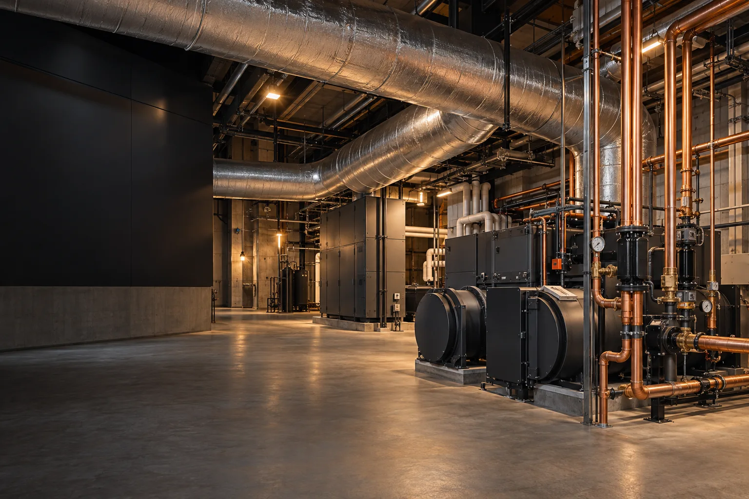 Illustrative commercial mechanical room with ductwork and copper piping